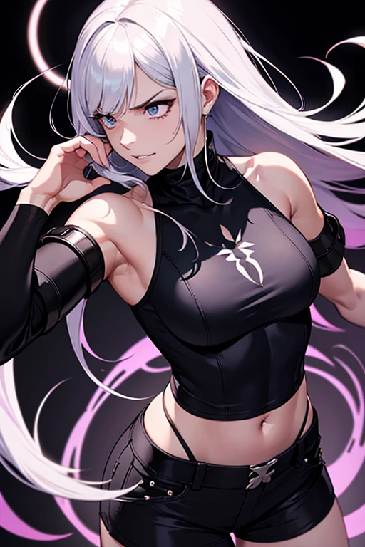 Anime woman white hair purple eyes big ass big tits in leggings and with a black top with focus on the back and her navel showing and she is very, very hot