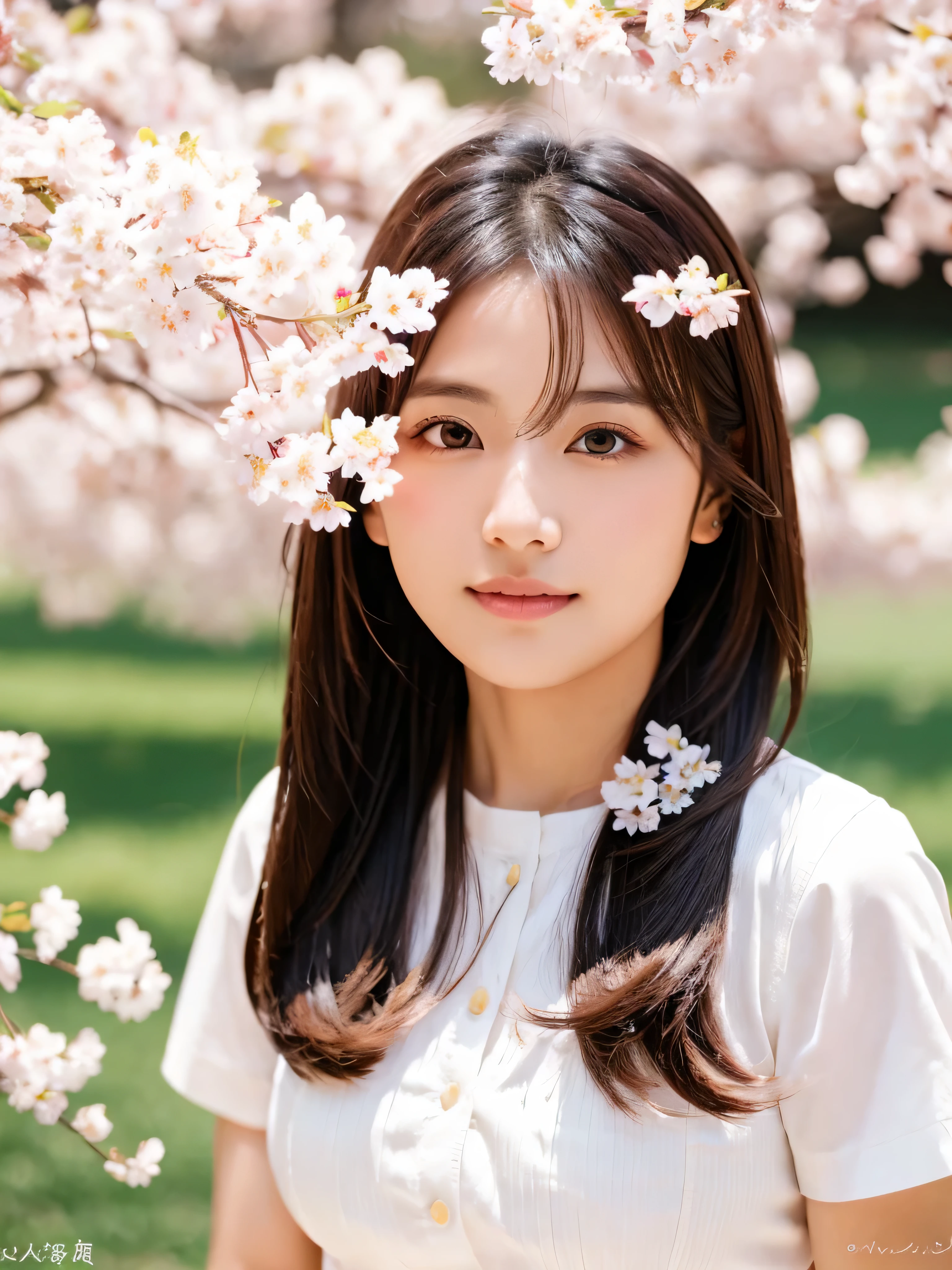 beautiful japanese girl beautiful detailed eyes smooth soft skin Glossy and detailed hair complicated hair tousled by the wind long hair Smaller white shirt black mini skirt beautiful feet walking under the cherry blossoms Beautiful sunlight through the trees professional lighting Professional photographer Low - Angle