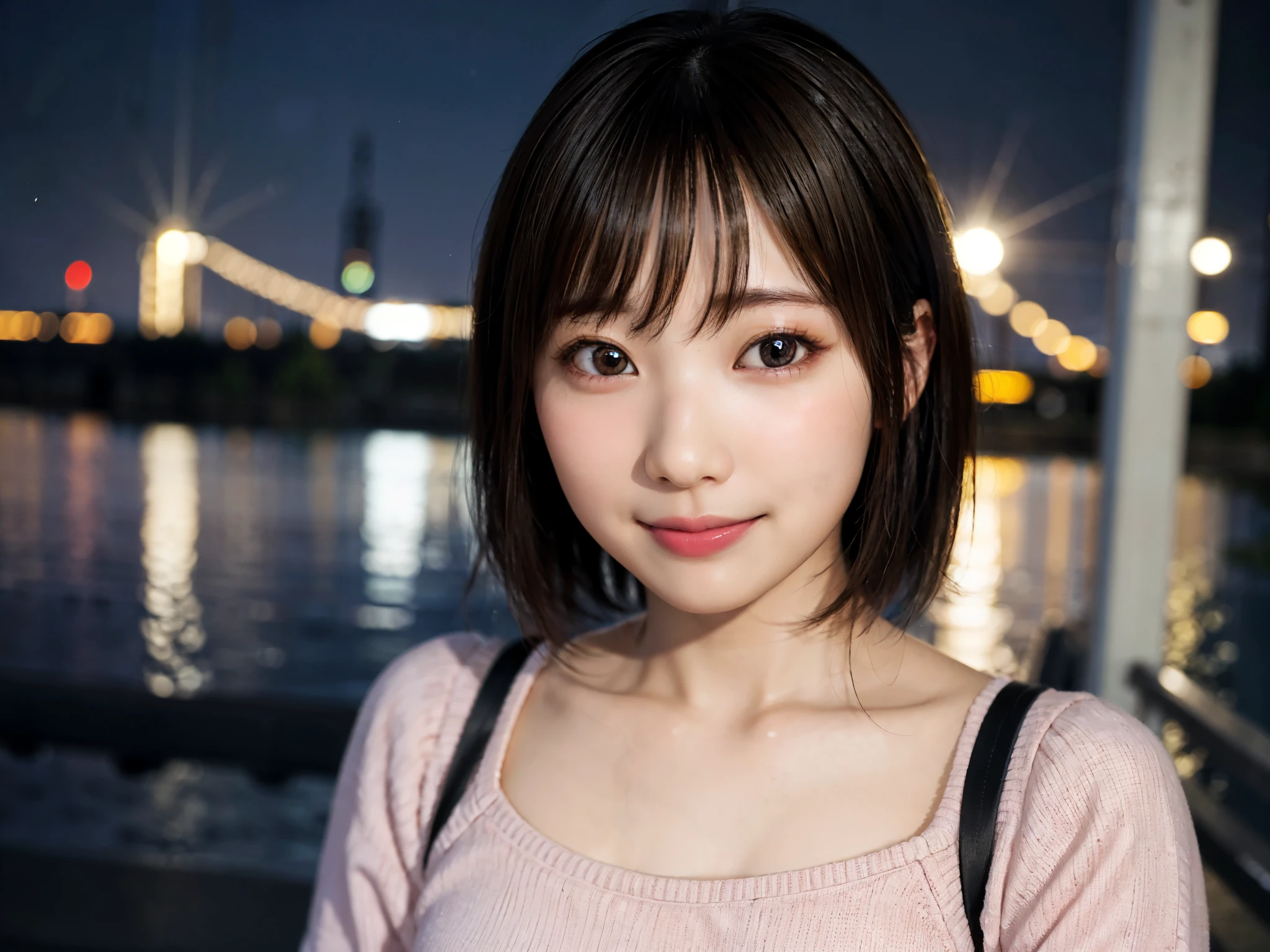 Japan girls in casual clothes、pay attention to the audience、Tokyo cityscape at night、(highest quality、master masterpiece)))、HD Fine、very detailed、master masterpiece、movie lighting、(8K、highest quality、master masterpiece:1.2)、(realistic、Photoreal:1.37) High resolution、Super detailed、woman wearing glasses、Silent look、round glasses、Asian, cute, cute顔, alone, short hair 1.2, rough skin, Beautiful smile, Beautiful and detailed night sky, night view, movie lighting, written boundary depth, lens flare light、On a date、(blush your nose)、、(closed your mouth)small breasts、Beautiful eye for detail、(sweater:1.1)、(short hair:1.2)、floating hair nova frog style、