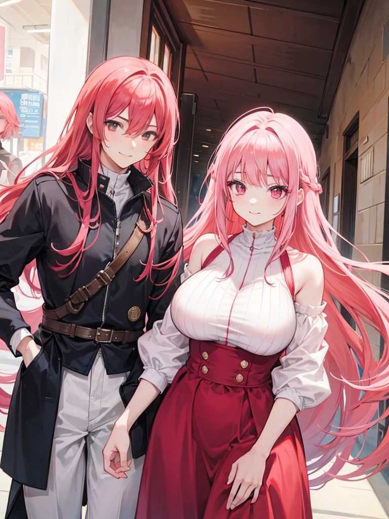 couple,A woman with long hair and a man with braids,pink haired woman,red haired man,smile,big breasted woman,good friends