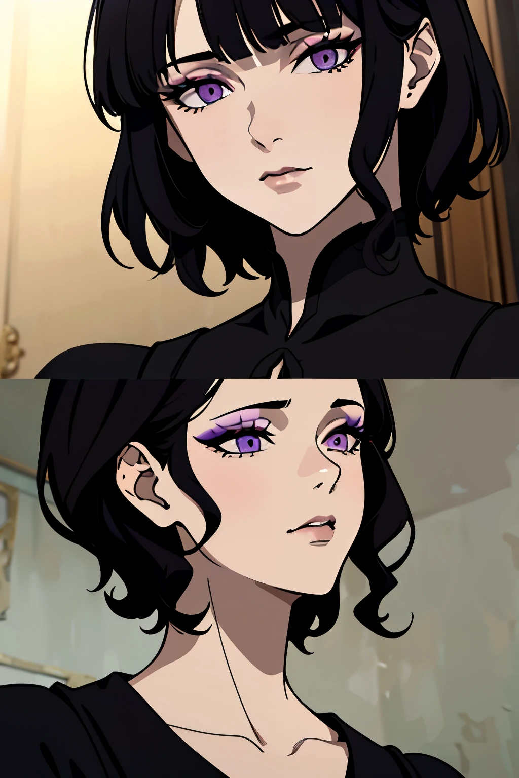 (absurd, highres, ultra detailed), 1girl, mature woman, complex details, enlarged textures, complex details, finely detailed eyes and detailed face, intricate details, (closed mouth), perfect eyes, equal eyes, short haircut, slightly curly hair, hair with one side tucked behind the ear, dark makeup, dark eye shadow, light skin, dark clothes, dark hair, dark fantasy theme, gothic, purple eyes