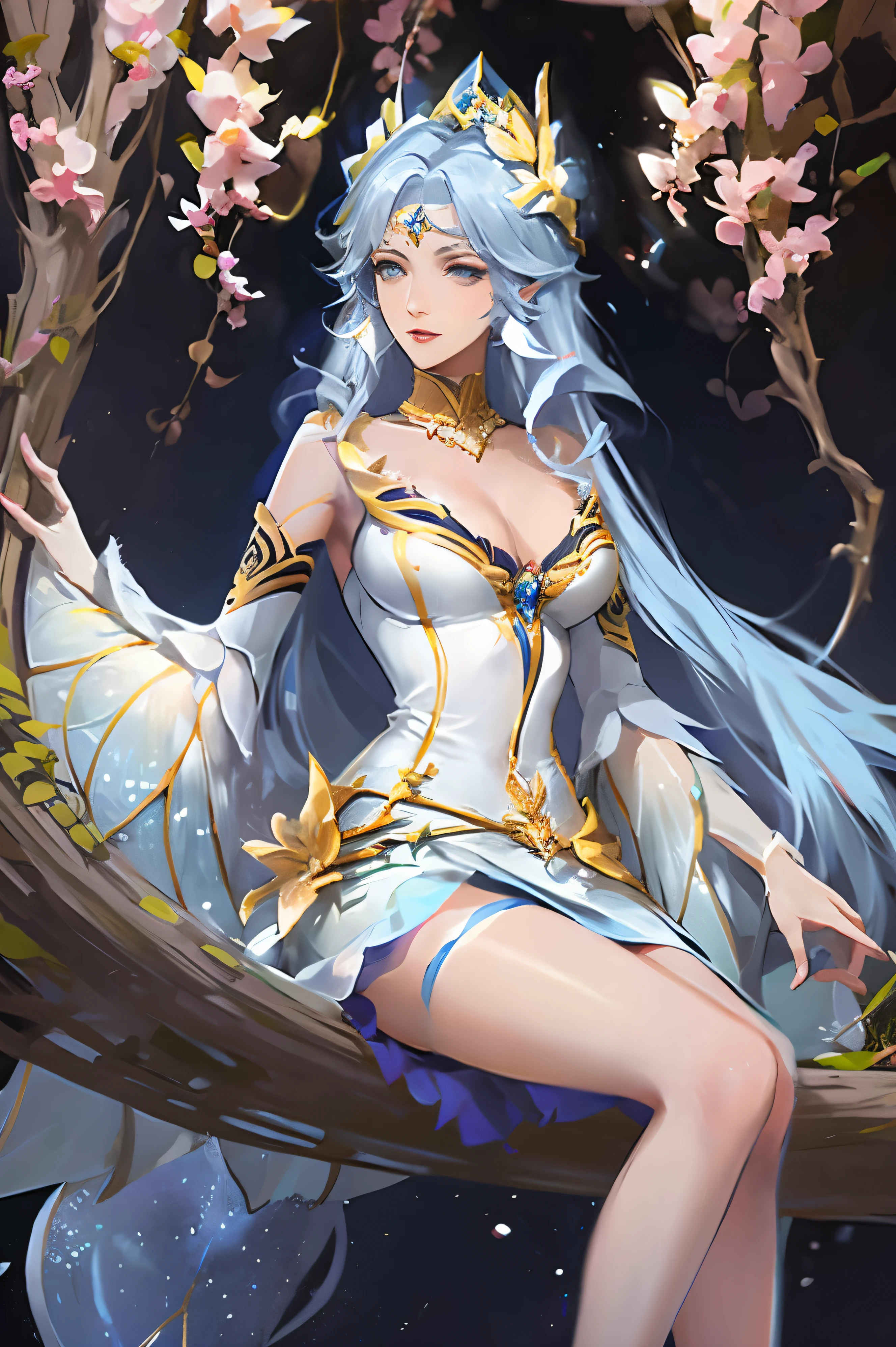 A beautiful young princess,Blue hair and blue eyes, She wears a beautiful long white dress with golden trim