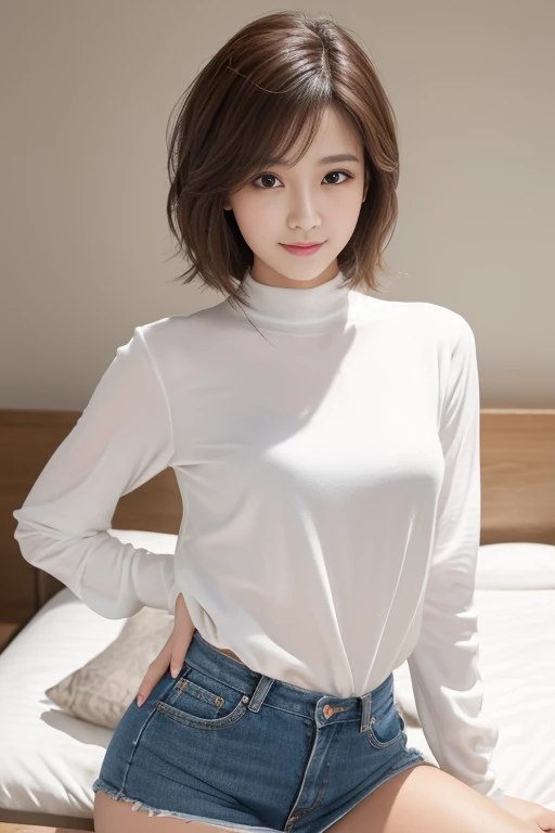 ((highest quality、best image quality、ultra high resolution、Drawn in ultra-high definition、alone、look closely at the camera))、1 girl、realistic、written boundary depth、natural soft light、Echiechi, Constricted body, 30 years old, beautiful and detailed eyes, short bob hair, highest quality, masterpiece, Layer Bob Hair, Moist eyes, great pose, brown eyes, smile, perfect fingers、perfect hands、perfect body、perfect face, perfect anatomy, glossy lips, natural makeup, small ass, professional lighting, cowboy shot, miniskirt, long sleeve, simple background, From above, bright room, 