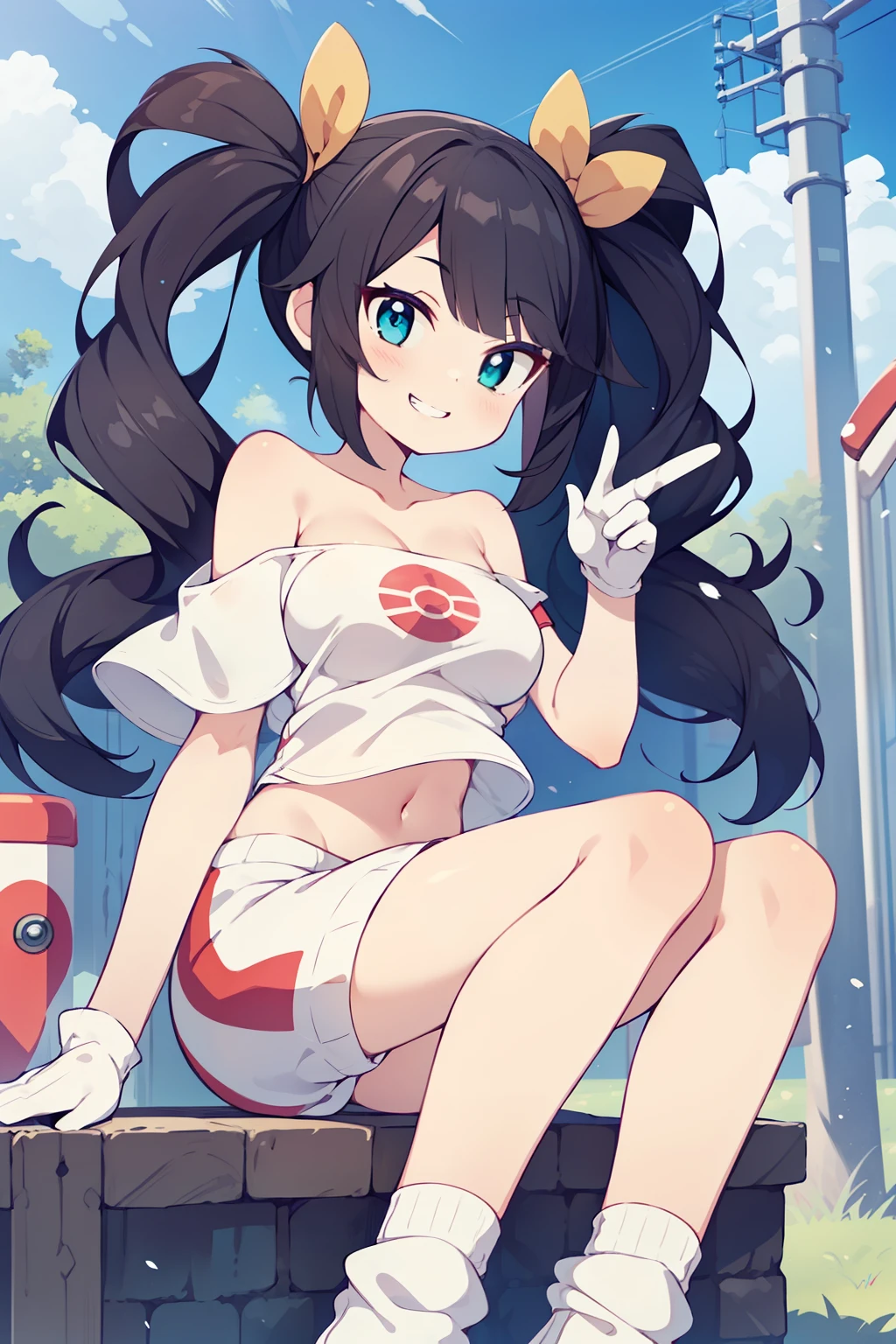 1girl in, (Solo:1.2), (Perfect body:1.1), (Best Quality:1.1), Cute Girl, official art, (Pokémon style:1.1), (Plain tube top:1.5), Tsuriformes, Sanpaku eyes, Narrow-eyed, emerald eyes, A dark-haired, length hair, large full breasts, Missis cart, Navel Ejection, You can see the valley, White long gloves, (Loose socks:1.3), (evil smile:1.2), (mesugaki:1.1), Pointed hair, Hair flowing sideways, drills twintails, I don't have anything in my hands, There is no one around,