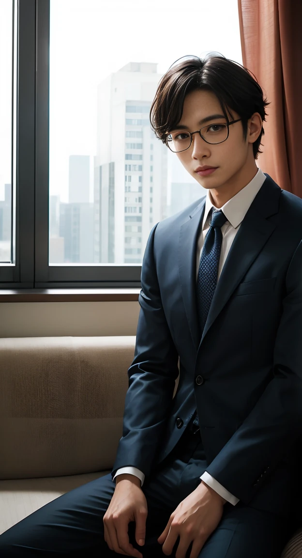 30 years old、male、black tabby glasses、suit、High-rise condominiums、Room with night view、sit on the sofa、Wistful expression、There is a cat
