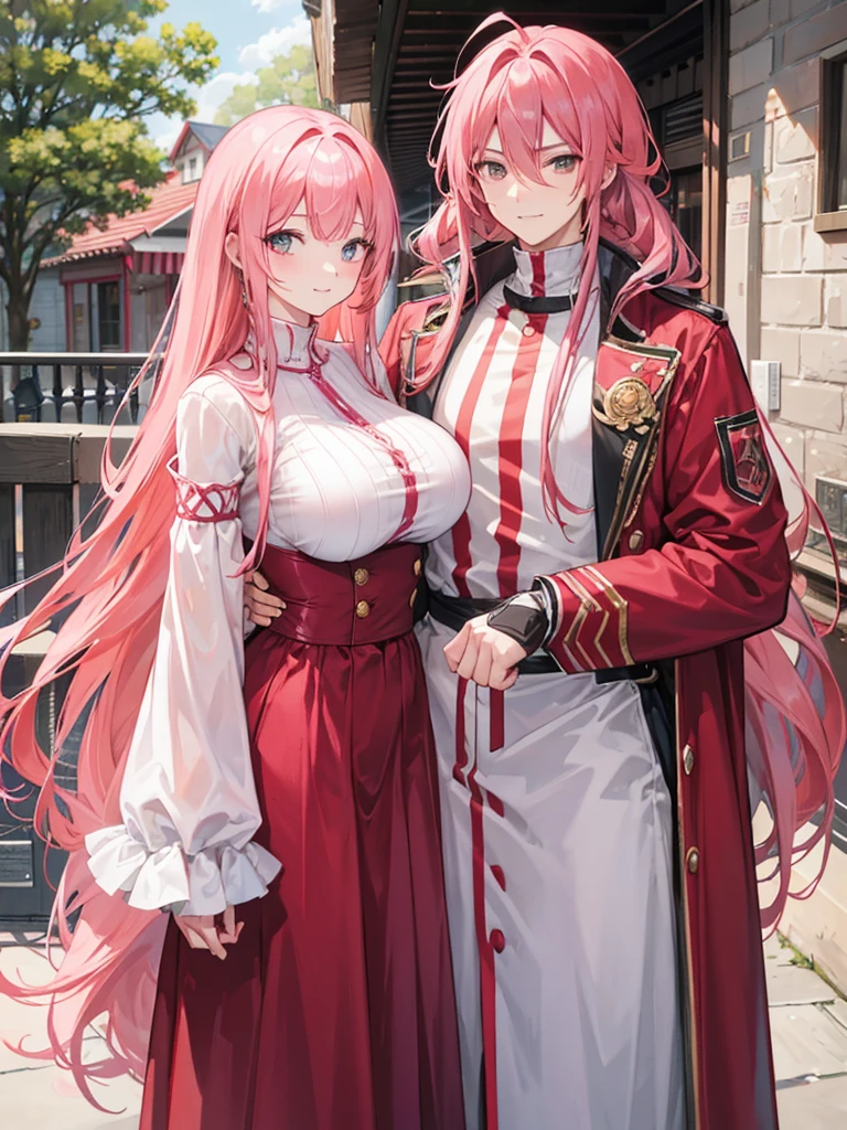 couple,A woman with long hair and a man with braids,pink haired woman,red haired man,smile,big breasted woman,good friends,1 group,men and women