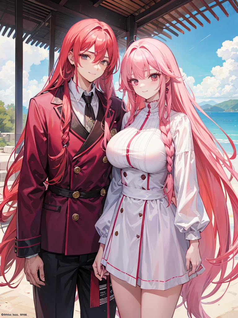 couple,A woman with long hair and a man with braids,pink haired woman,red haired man,smile,big breasted woman,good friends,1 group,men and women