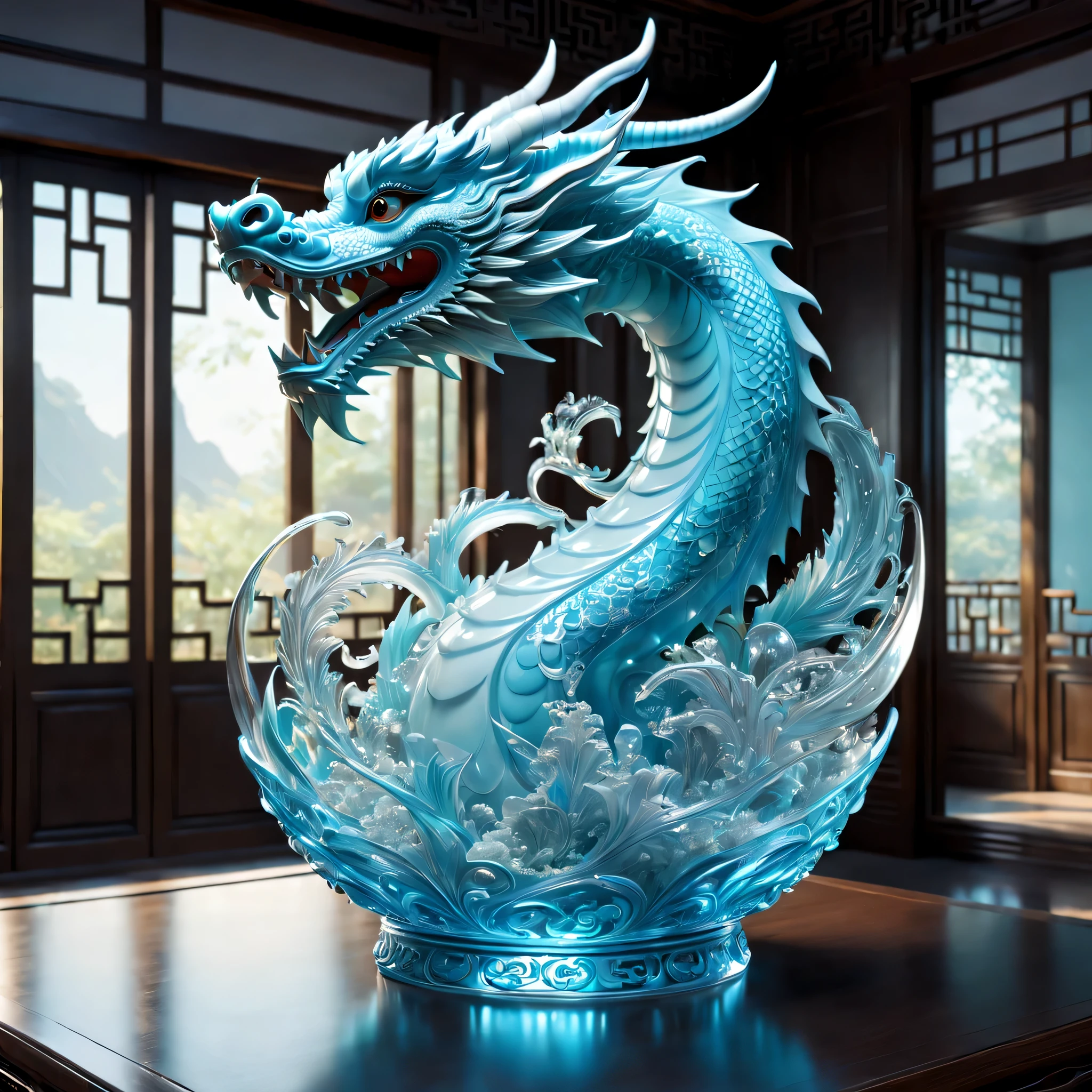 A dragon is displayed in an empty room, RococoStyle, Crystal nuclei, Realistic light depiction, interesting and complex, light blue, hidden academia, World pattern,The body of the vase is illuminated by light, RococoStyle, futuristic elements, Crystal nuclei, Chinese iconography, swirl, light blue, giant money sculpture, Futuristic fantasy style, light blue, An intricate underwater world, Realistic light depiction, clear colors, Crystal nuclei, Light cyan and white, An intricate underwater world风格, Crystal nuclei, chinapunk, swirl, light blue, Glowing portrait, light box,(best quality,4K,8k,high resolution,masterpiece:1.2),super detailed,(actual,realistically,lifelike:1.37),extremely detailed glass vase,There is a dragon on it,super detailedscp神器可以,Complex and gorgeous anime CGI style,Exquisite renderings of the Tang Dynasty,Better than Paul and James Ginn,complex artwork. Guilty car rendering,Complex 8K rendering,8k vray rendering,rendering art,filled with glass. Computer Graphics Association,High quality rendering