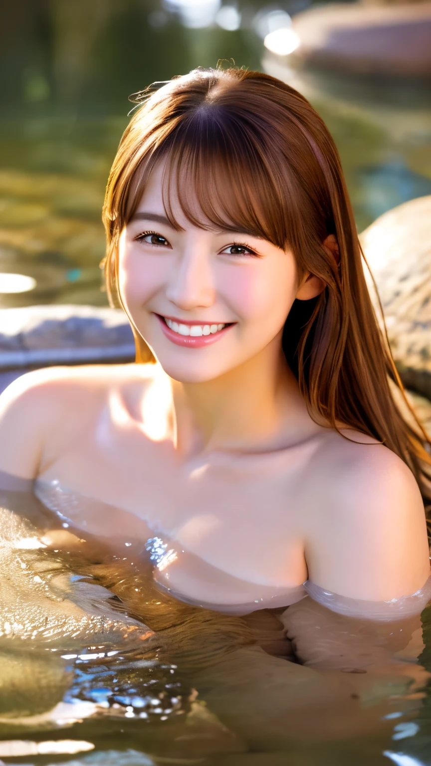 realistic, 1 girl, shining eyes, smile、brown hair、Ultra high definition、cleavage、bathing in a hot spring、Japanese hot springs、night、moon、bedrock、brown hair