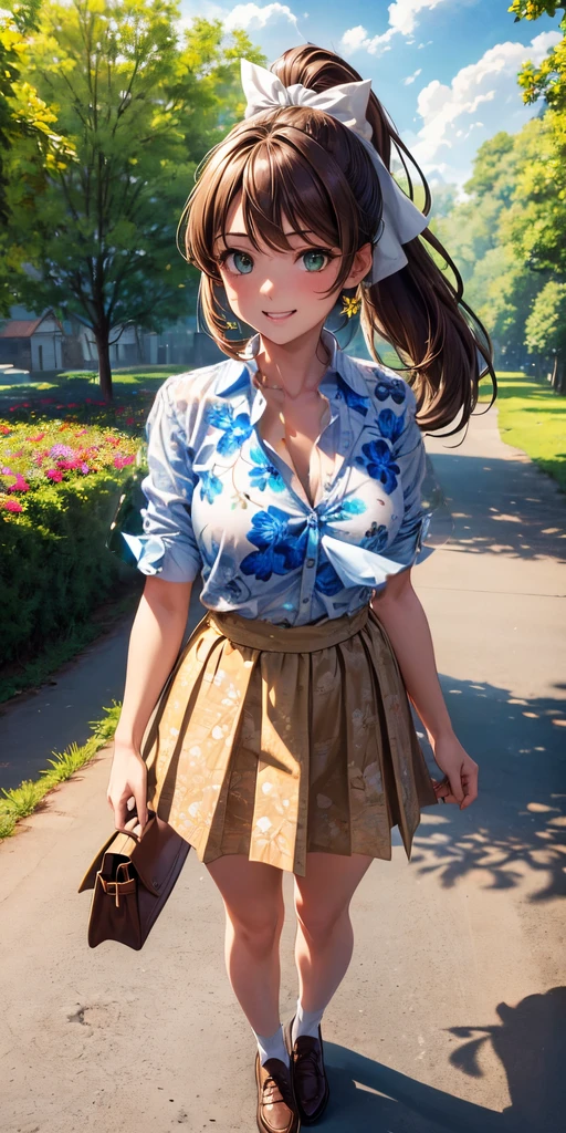 ((blue floral pattern white shirt)), ((unbuttoned shirt)), cleavage 1:3