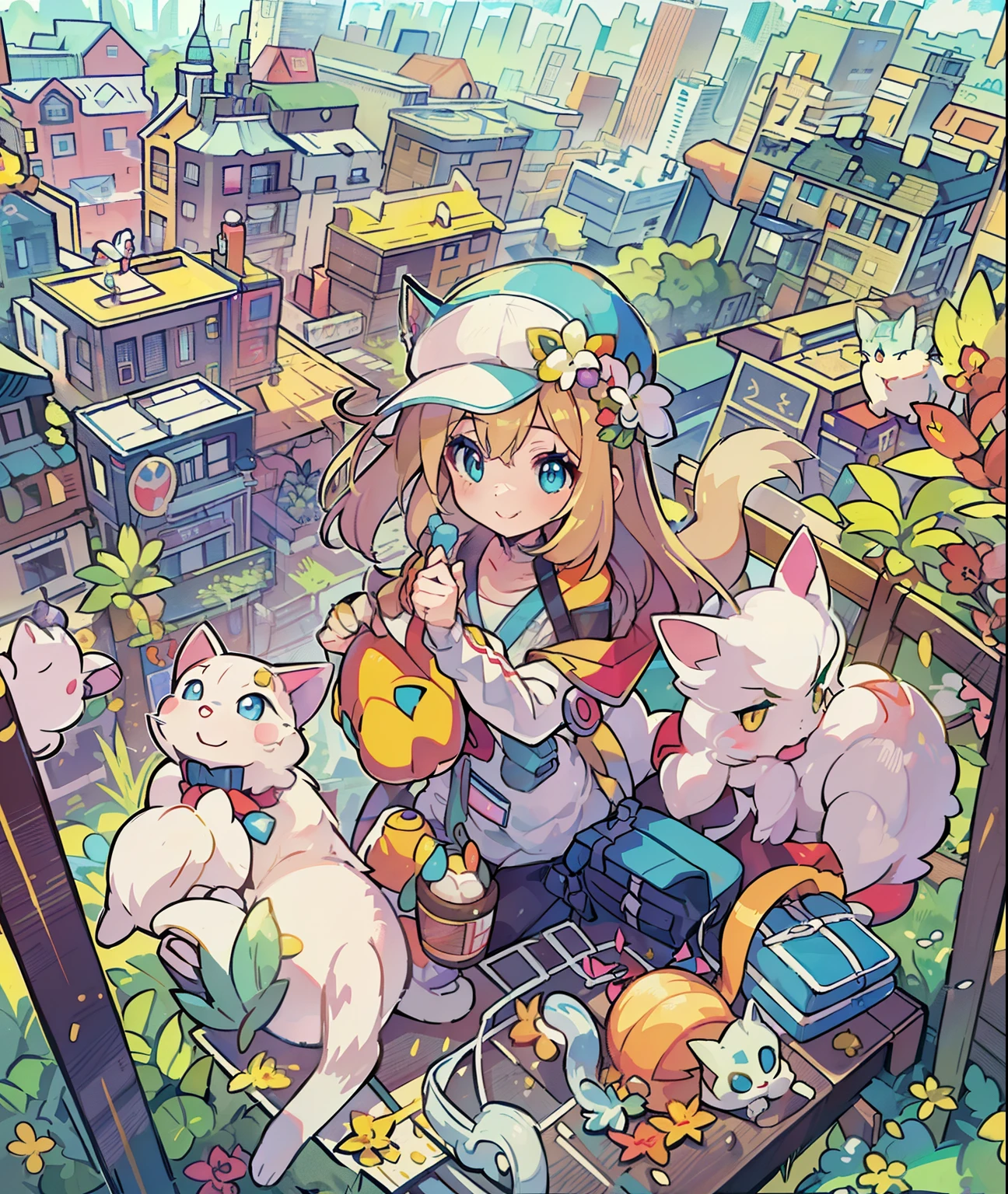1girl in,A pokémon_The card,(top-quality), (high_quality), (Convoluted_Details), (ultra-detailliert), (illustratio), (Distinct_image),saito_naoki,city scenery、Rainbow View、With cats((Cute cat1.5))