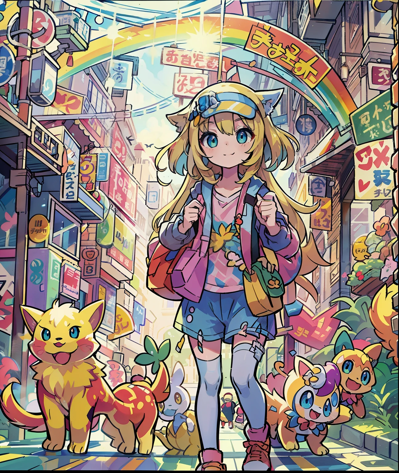 1girl in,A pokémon_The card,(top-quality), (high_quality), (Convoluted_Details), (ultra-detailliert), (illustratio), (Distinct_image),saito_naoki,city scenery、Rainbow View、With cats（（Cute cat１.５））