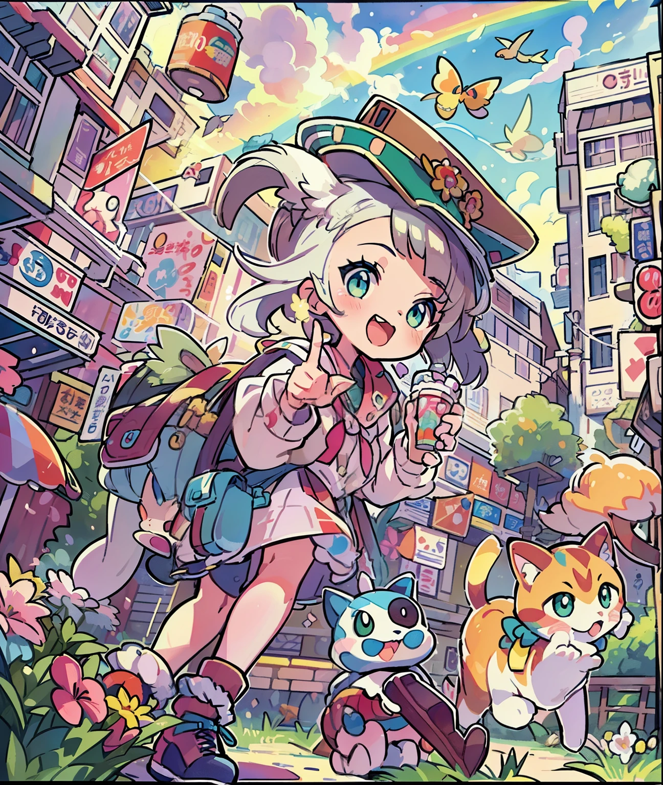 1girl in,A pokémon_The card,(top-quality), (high_quality), (Convoluted_Details), (ultra-detailliert), (illustratio), (Distinct_image),saito_naoki,city scenery、Rainbow View、With cats（（Cute cat１.５））