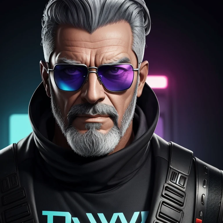 Edlintramos with grey beard and sunglasses, arte cyberpunk, arte funk, cores gradientes deslumbrantes, retrato estilizado h 704, pompadour, streamer twitch, cores frias. insanamente detalhado, t-800, sem assinatura de marca d'water, em cores ricas, ultrapassado