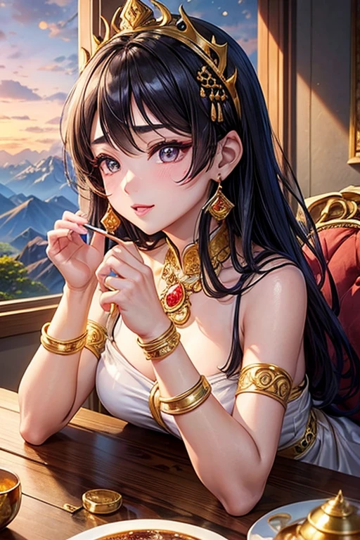 high quality, 1 girl, beautiful detailed eyes, beautiful detailed lips, extremely detailed face, long eyelashes, ornate indian princess, elegant pose, holding wine glass, detailed clothing, intricate jewelry, beautiful ornate background, rich jewel toned colors, dramatic lighting, cinematic composition, hyper realistic, 8k, photorealistic