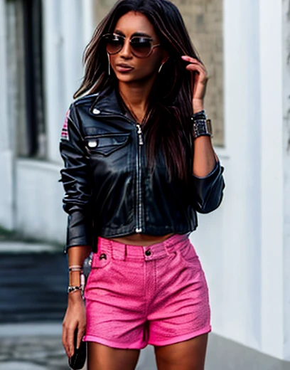 Mujer. Buen cuerpo. Morocha. Vestida de  un top rosa. Campera recortada. Shorts de cuero. Pelo negro dos trenzas.