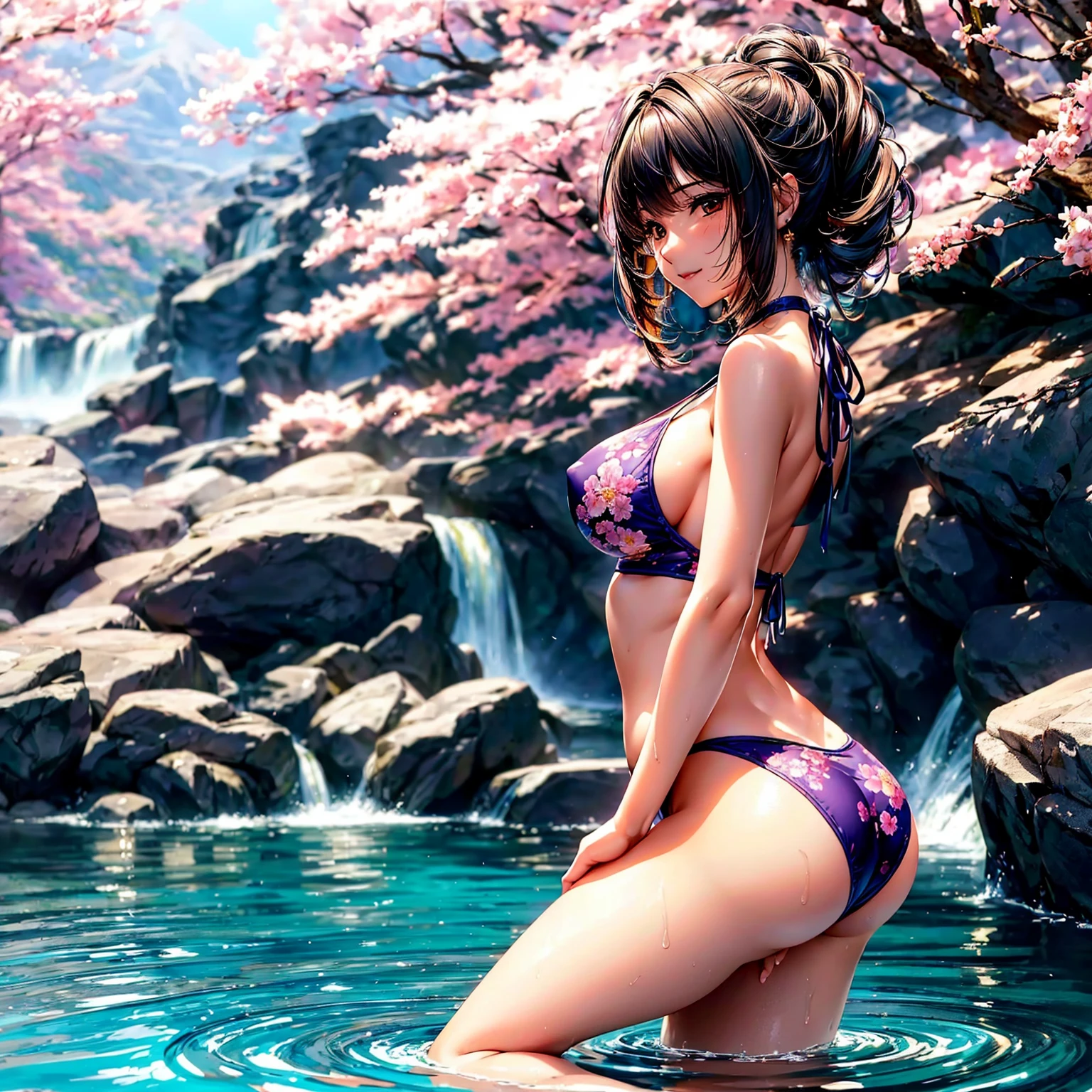 (highest quality、masterpiece、very high resolution、ultra high resolution.High resolution detail 1.5)、(A woman with perfect and ultimate beauty:18-year-old,beautiful body、beautiful face)、(There are many variations of hairstyles,The bangs are neatly arranged,Long straight side hair,beautiful hair quality),(Beautiful breasts with a slender body shape:F cup,best hair texture,Best skin texture)、((elegant bikini:floral and colorful,sexy bikini swimsuit)),(Fantastic waterside,There is a waterfall,Night cherry blossoms and lanterns,mysterious night sky、beautiful scenery),(water play,butt shot,back shot,angle from below,beautiful pose,model shoot),bright smile、Hair flutters under the influence of the wind,realistic portrait、realistic textured skin、(highly detailed images、accurate image、Perfect Image 1.5)、beautiful anime woman, beautiful art style, anime character、Overall image、accurate anatomy、Image without defects、natural soft light、beautiful images、(best shot,RAW photo)