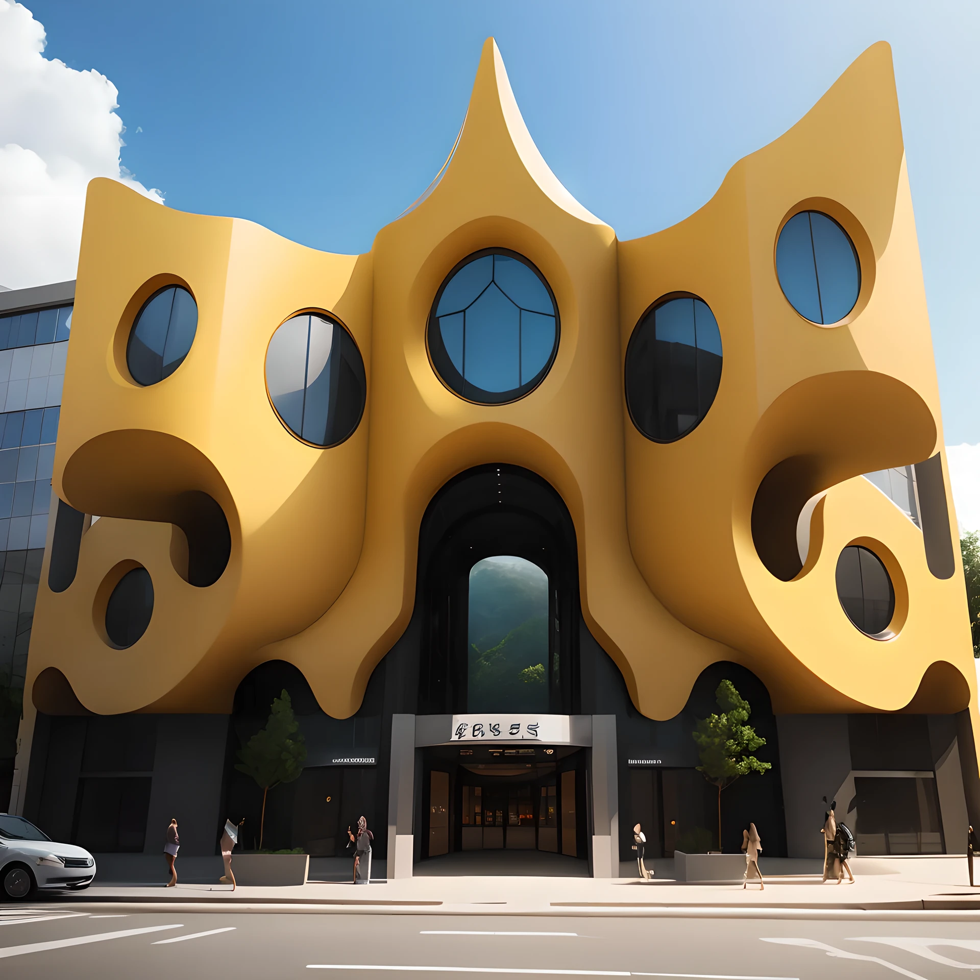 honeycomb structure, big buildings, Art Deco, Light yellow, Harmonious environment, Functional aesthetics, minimalist