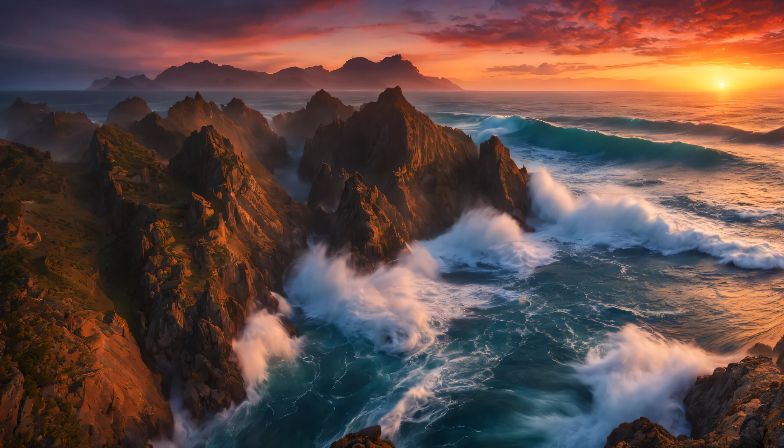 arafed view of a dawn over the blue ocean with waves crashing, chaotic sea setting, breathtaking colors, breathtaking look, breathtaking composition, beautiful sea landscapes, stunning dawn, magnificent background, dawn glow, beautiful background, beautiful dreamy breathtaking, marc adamus, warm beautiful scene, epic dawn, beautiful dawn, beautiful dawn glow, beautiful blue ocean