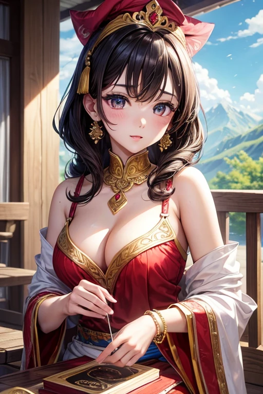 Myanmar princess、Highest image quality、masterpiece、gold decoration、Kirinaga eyes、The scenery is mountains、lots of bangles、Eyeshadow Red、cute、firm eyebrows、healthy lips、