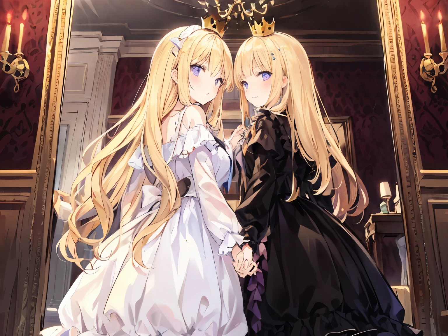 two girls、holding hands、黒いlolita、白いlolita、amazing shiny golden long hair，blonde, white clothes，frills, small crown, Queen, Eyes are light blue，Purple eyes、This is a cute sweet girl，Soft Girl, lolita,Alice in the Land of Mirrors, Chess, Room of mirrors, Are standing, 鏡の前にAre standing自分を見て, 鏡に向かってholding hands, from behind, from below, Chessの部屋,Trying to go to the mirror world,The entire large room is shown,Chess盤