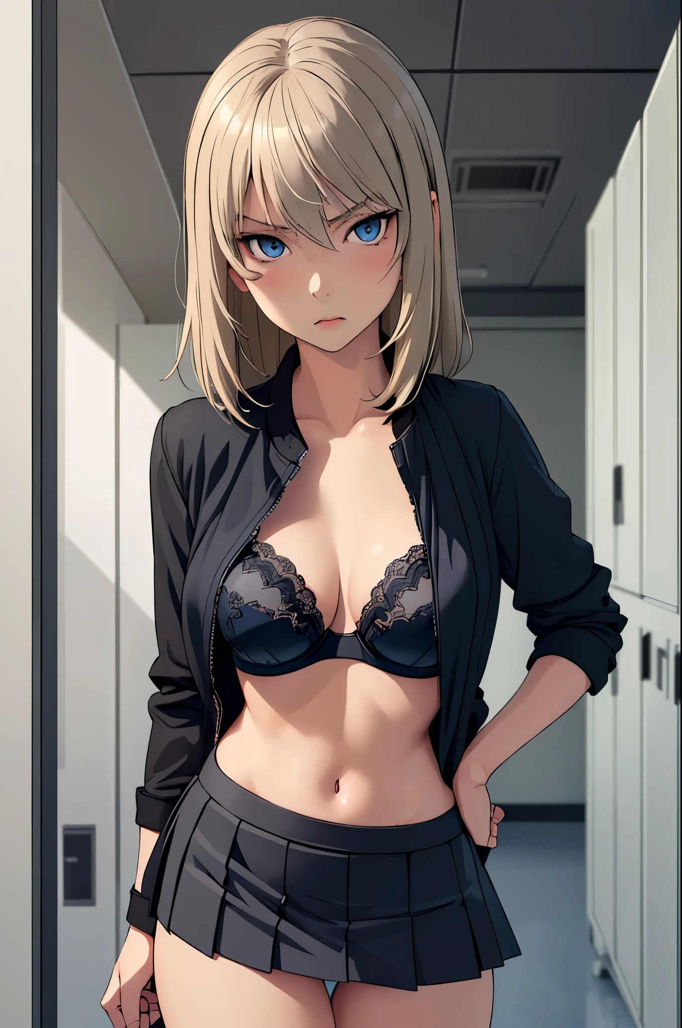 masterpiece, best quality, Itsumi Erika, 1girl, ashen blonde hair, blue eyes, solo, medium breasts, standing frontally, pov, looking at viewer, black skirt, sexy black underwear, black bra, undressing jacket, whole body can be seen, indoors, locker room, expressionless, detailed hands, five fingers, female genitals
