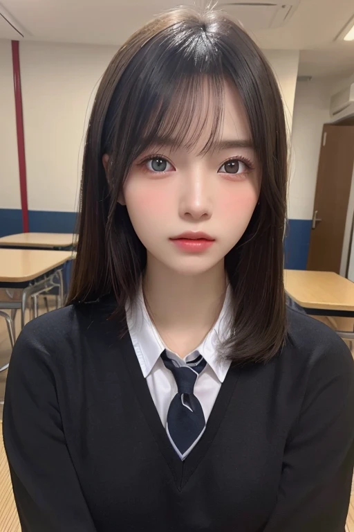 (table top:1.3), (8K, realistic, RAW photo, highest quality: 1.4), Japanese, (1 girl), beautiful face, (realistic face), (black hair), beautiful hairstyle, realistic eyes, beautiful and fine eyes, (realistic skin), beautiful skin, Charm, Super high resolution, surreal, very detailed, golden ratio,school uniform.