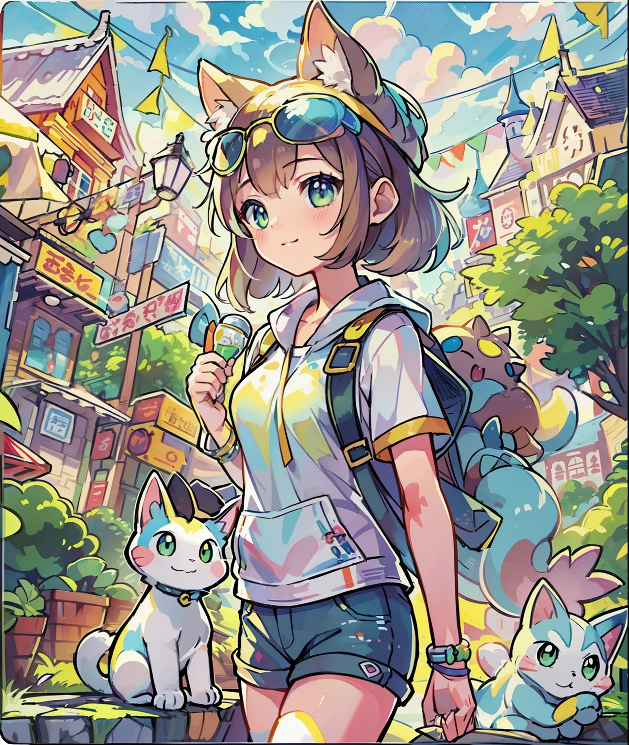 1girl in,A pokémon_The card,(top-quality), (high_quality), (Convoluted_Details), (ultra-detailliert), (illustratio), (Distinct_image),saito_naoki,city scenery、Rainbow View、With cats（（Cute cat１.５））