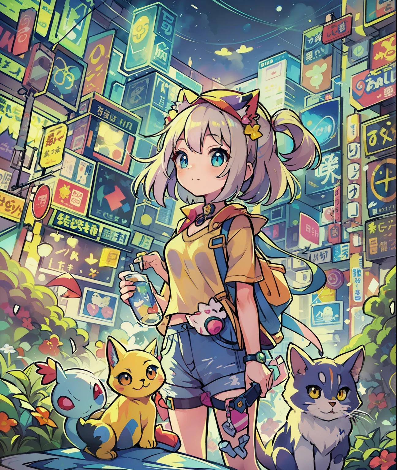 1girl in,A pokémon_The card,(top-quality), (high_quality), (Convoluted_Details), (ultra-detailliert), (illustratio), (Distinct_image),saito_naoki,city scenery、Rainbow View、With cats（（Cute cat１.５））