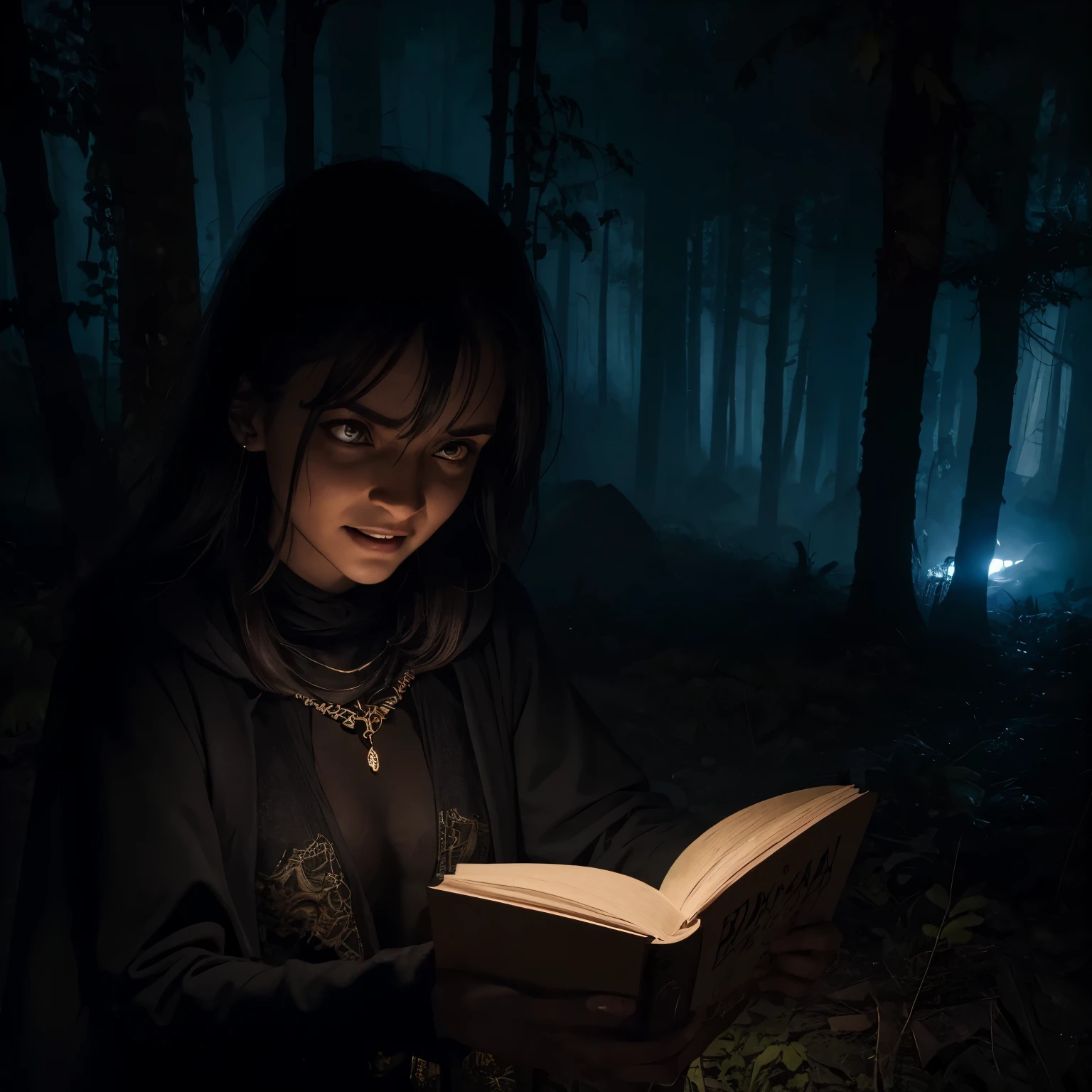 bruxa velha e grisalha, dirty in the middle of a dense forest at night carrying several books, retrato, bruxa assustadora e grande, dark scenery, estilo horror, pesadelo, livros de bruxaria, mulher macabra, sorriso perturbador, sorriso com dentes afiados, rosto levemente iluminado, cena macabra, filme de terror, personagem com medo
