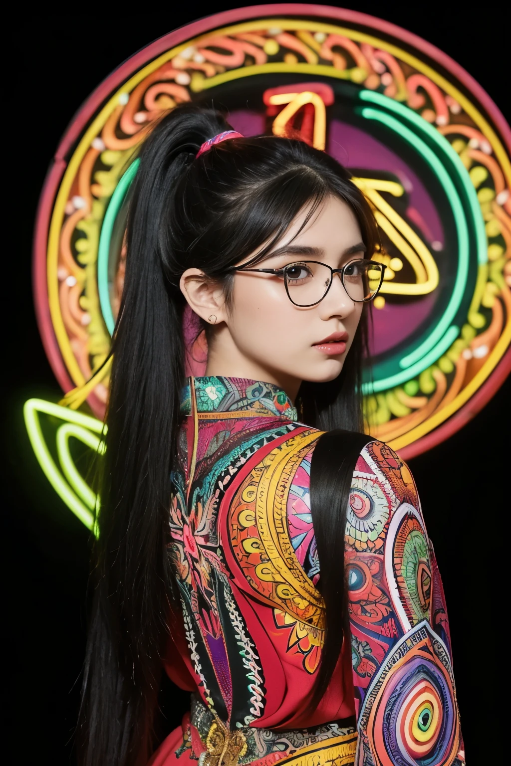 masterpiece,  glasses, school, pony tail hair, Best quality at best, high qulity, OLGA_mary, black hair, long hair, hair between eye, red ascot, black skirt, Very long hair, cow boy shot, black background, green light rim, (masterpiece, top quality, best quality, official art, beautiful and aesthetic:1.2), extremely detailed,(fractal art:1.2),colorful,highest detailed,( zentangle neon:1.2), (dynamic pose), (treditional dress:1.2), (many colors:1.4), upper body ,Neon,16K,Full HD