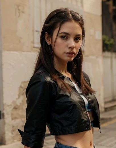 Mujer. Buen cuerpo. Morocha. Vestida de un top rosa. Campera recortada. Shorts de cuero. Pelo negro dos trenzas.