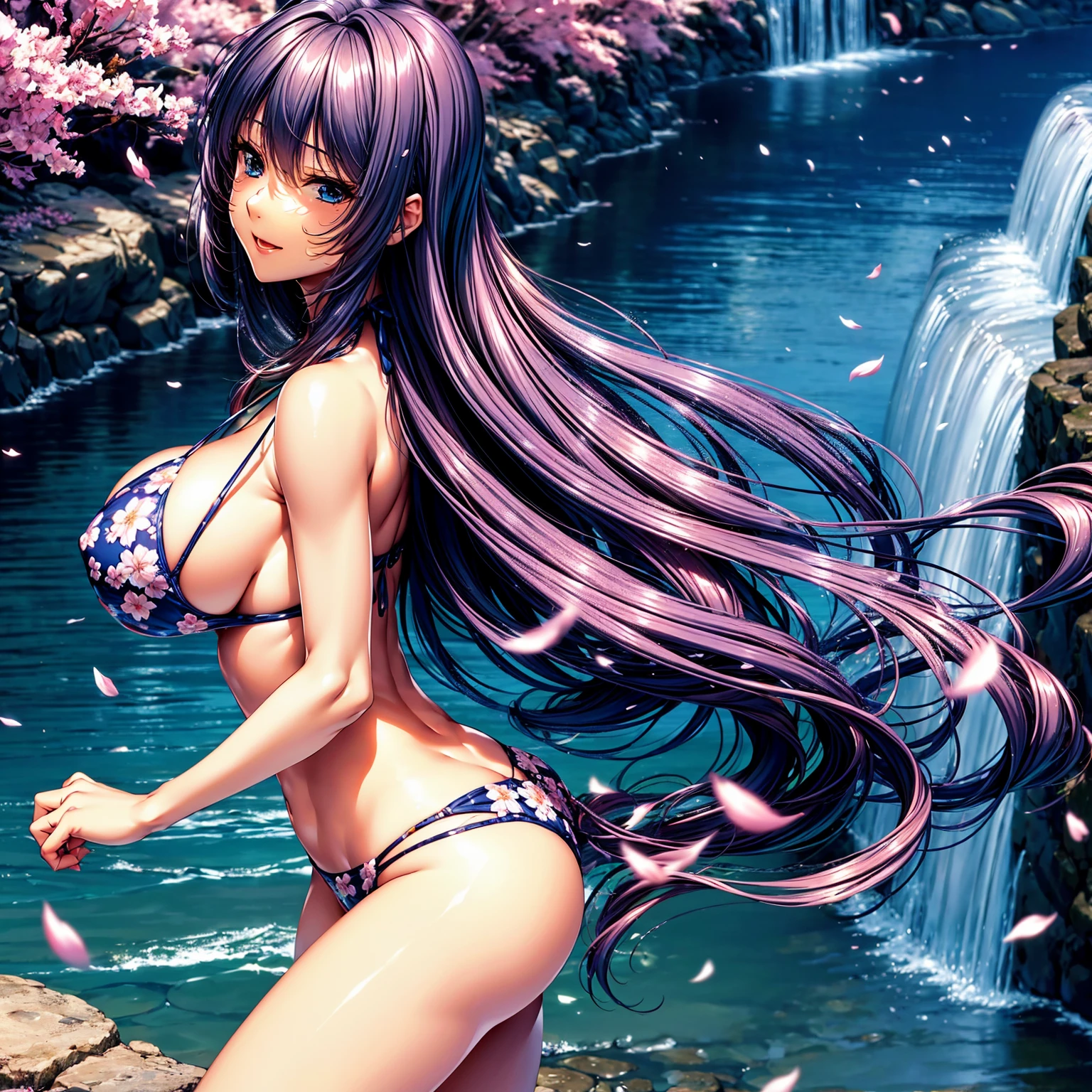 (highest quality、masterpiece、very high resolution、ultra high resolution.High resolution detail 1.5)、(A woman with perfect and ultimate beauty:18-year-old,beautiful body、beautiful face)、(There are many variations of hairstyles,The bangs are neatly arranged,Long straight side hair,beautiful hair quality),(Beautiful breasts with a slender body shape:F cup,best hair texture,Best skin texture)、((Cute bikini swimsuit:floral and colorful,sexy bikini swimsuit)),(Fantastic waterside,There is a waterfall,Night cherry blossoms and lanterns,mysterious night sky、beautiful scenery),(water play,beautiful pose,model shoot),bright smile、Hair flutters under the influence of the wind,realistic portrait、realistic textured skin、(highly detailed images、accurate image、Perfect Image 1.5)、beautiful anime woman, beautiful art style, anime character、Overall image、accurate anatomy、Image without defects、natural soft light、beautiful images、(best shot,RAW photo)