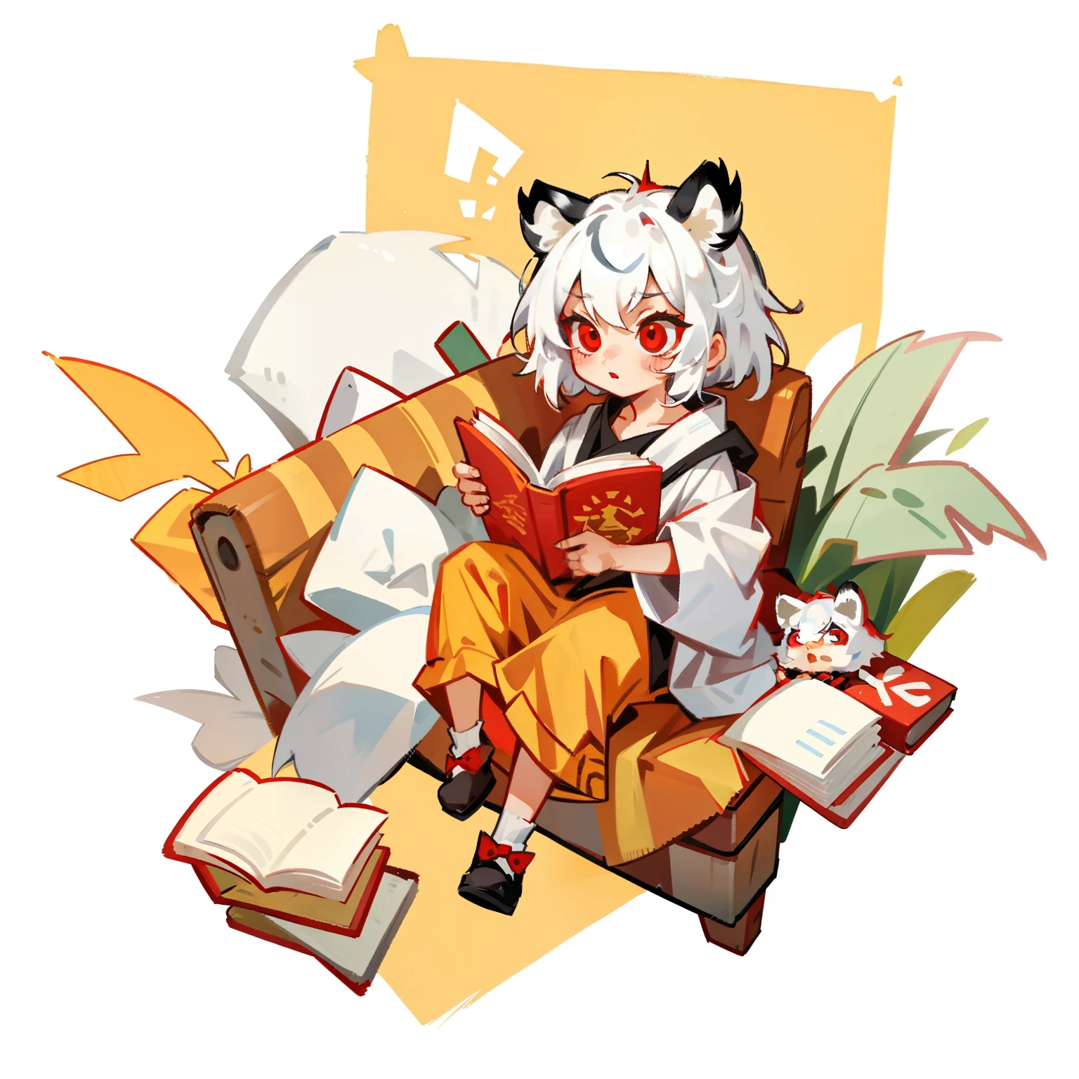 a white hair，red eyes ，The little girl with tiger ears reads a book seriously