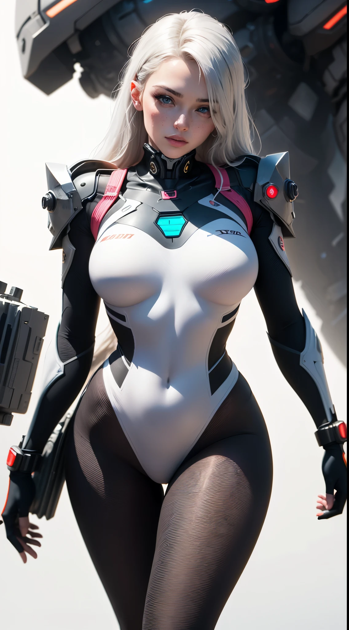 (((Young White Woman))), ((Best Quality)), ((Masterpiece)), (Detail: 1.4), 3D, A Beautiful Cyberpunk Woman with Simon Bisley-style micro thong, Genesis evangelion neon style clothing, 2-piece clothing, Long silver hair, arm tatoo, cybernetic hands, (((girl in mech suit))) , ((cyberpunk girl)), pastel, Centered, scale to fit the dimensions, nffsw (High dynamic range),Ray tracing,NVIDIA RTX,Hyper-Resolution,Unreal 5,Subsurface Dispersion, PBR Texture, Post-processing, Anisotropy Filtering, depth of fields, Maximum clarity and sharpness, Multilayer textures, Albedo and specular maps, Surface Shading, accurate simulation of light and material interactions, Perfect proportions, Octane Render, Two-tone lighting, Wide aperture, Low ISO, White Balance, thirds rule, 8K Raw, Crysisnanosuit,loraeyes,nijistyle,pantyhose, freckles, nsfw, sexual pose , full_body_portrait , full_pose , High detailed, 300dpi, (((dynamic angle))) , ((((white simple_background))), (((flirt))), Blue eyes