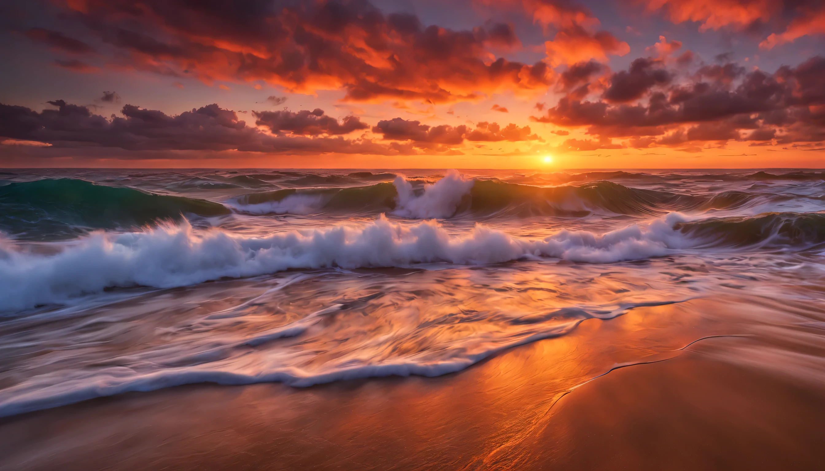 arafed view of a sunset over the ocean with waves crashing, chaotic sea setting, vibrant sunrise, breathtaking colors, breathtaking look, vibrant sunset, breathtaking composition, beautiful sea landscapes, stunning sunset, magnificent background, sunset glow, beautiful background, beautiful dreamy breathtaking, marc adamus, warm beautiful scene, epic sunset, beautiful sunset, beautiful sunset glow, beautiful ocean