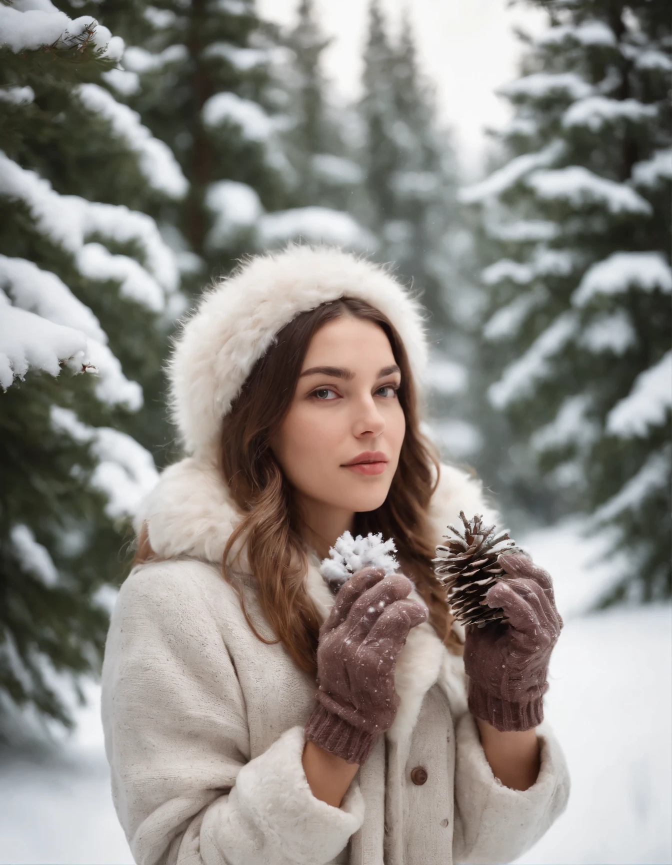 raw photo, young woman in fluffy coat and knitted mittens holding spruce branches with cones, in the background winter forest Christmas trees in snow, winter, snowfall, beautiful sky, professional photo, hyperrealism, perfect composition, clear focus, clear details, cinematic lighting, ultra realistic, natural hair, correct proportions, hd