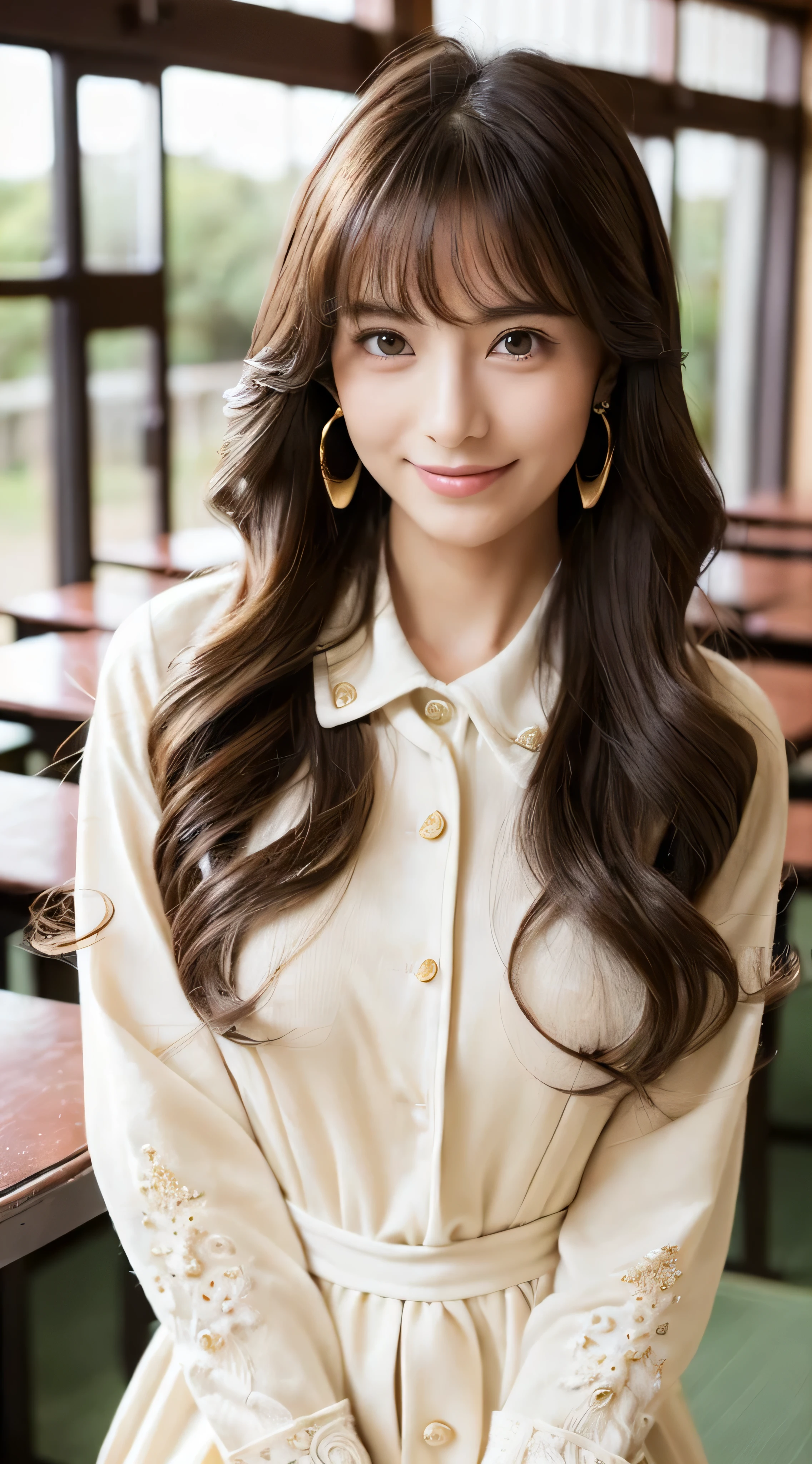 ((Very beautiful Japan woman)),((in the school classroom:1.2)),((Super long brown hair_Long hair that reaches the waist:1.2)),((Hair with loose waves inside:1.2)),((shy smile:1.3)),((red long sleeve button dress_White cuffs_The collar is also white:1.3)),((cute droopy eyes_thin lips:1.3)),((Little sexy poses:1.3)),((gold necklace_Large earrings:1.2)),((larger breasts_thin waist_very slender and long legs:1.2)),((highest quality_finely detailed:1.3))