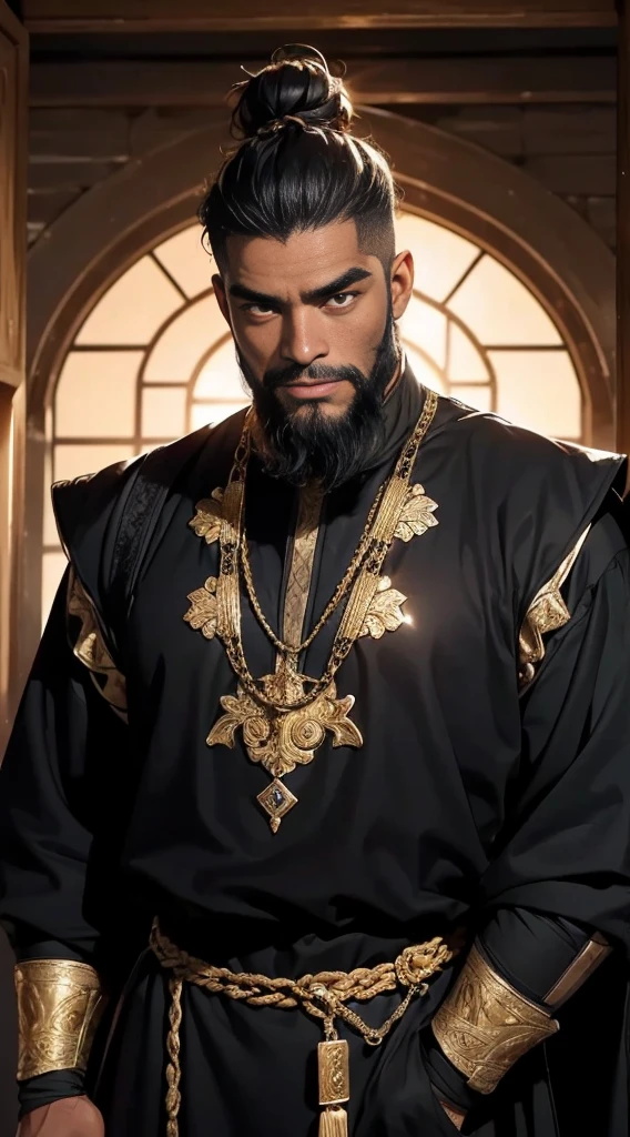 A black man of 50 years old, strong and happy expression, strong eyebrows, yellow eyeball like gold, long shoulder-length black hair with a high bun, well groomed beard. He use medieval clothes 16k, best quality of image. Background is a desert