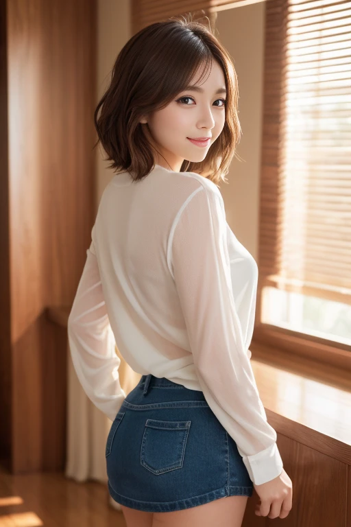 ((8k, highest quality、best image quality、ultra high resolution、Drawn in ultra-high definition、alone、look closely at the camera))、1 girl、realistic、written boundary depth、natural soft light、Echiechi, Constricted body, 30 years old, beautiful and detailed eyes, short bob hair, bright hair color, highest quality, masterpiece, Moist eyes, great pose, brown eyes, smile, perfect fingers、perfect hands、perfect body、perfect face, perfect anatomy, glossy lips, natural makeup, small ass, professional lighting, cowboy shot, miniskirt, long sleeve, simple background, From above, bright room, 