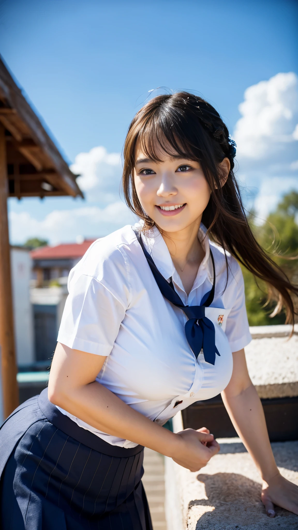 RAW photo, 1 girl, incredibly absurd, beautiful girl, (cute), (One knot in the braid), Depth of written boundary, High resolution, Super detailed, (delicate), very detailed, highly detailed eyes and face, sharp pupils, realistic student, sharp focus, cinematic lighting, Eye and face details, (Japanese high school short sleeve uniform), Cowboy Shot Full Body, (wind lift:1.6), camel toe, High school rooftop, shy smile, Seduce, Big breasts that are about to burst, Close-up, perfect body, (sky seen from below), Summer Cloud
