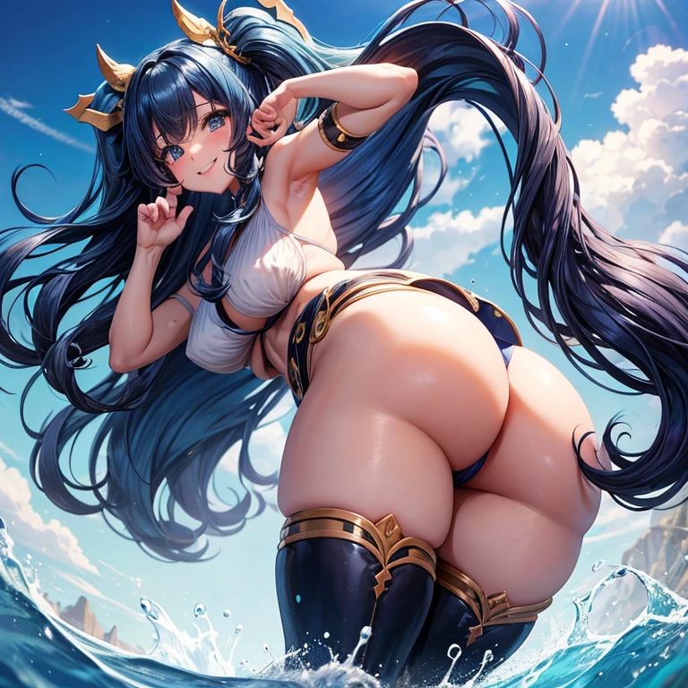 25 year old female, Long wavy blue hair、bangs、loincloth、Plump milk、medium milk, cute smile、(butt sticking out pose)、(looked back)、sexy hips、Parks with lakes、Full-body photos,Dark blue hair with twin tails,1 girl,anime girl,