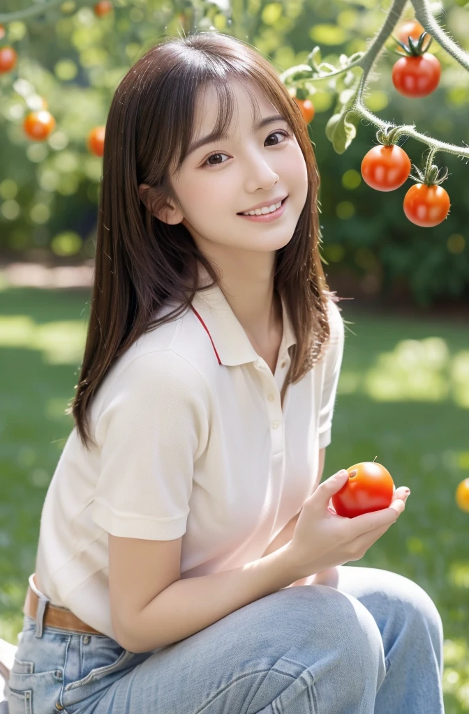 ((A girl is holding a small tomato in her hand)),field,There is a tomato tree in front of me,squatting,Full body shot from a distance:1.4,ultra-realistic capture, very detailed, 人間の皮膚のHigh resolution16kクローズアップ. Skin texture must be natural, Enough detail to finely identify pores. skin needs to look healthy, with an even tone. Use natural light and color,(highest quality,4K,8K,High resolution,table top:1.2),super detailed,very detailed目と顔,beautiful and fine eyes,beautiful detailed lips,long eyelashes,((realistic)),realistic:1.37,Japanese,fine white skin,(skinny jeans,polo shirt)),beautiful and magnificent composition,Charm,cute,silky smooth and straight hair,sharp focus,sunny,smiling cheerfully,(With a round face),