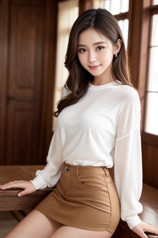 ((8k, highest quality、best image quality、ultra high resolution、Drawn in ultra-high definition、alone、look closely at the camera))、1 girl、realistic、written boundary depth、natural soft light、Echiechi, Constricted body, 30 years old, beautiful and detailed eyes, short bob hair, bright hair color, highest quality, masterpiece, Moist eyes, great pose, brown eyes, smile, perfect fingers、perfect hands、perfect body、perfect face, perfect anatomy, glossy lips, natural makeup, small ass, professional lighting, cowboy shot, miniskirt, long sleeve, Sheesle, simple background, From above, bright room,