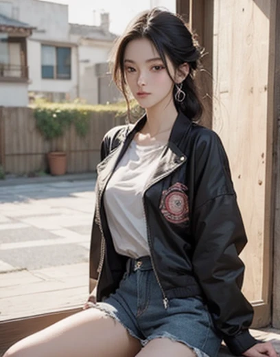 Mujer. Buen cuerpo. Morocha. Vestida de un top rosa. Campera recortada. Shorts de cuero. Pelo negro dos trenzas.