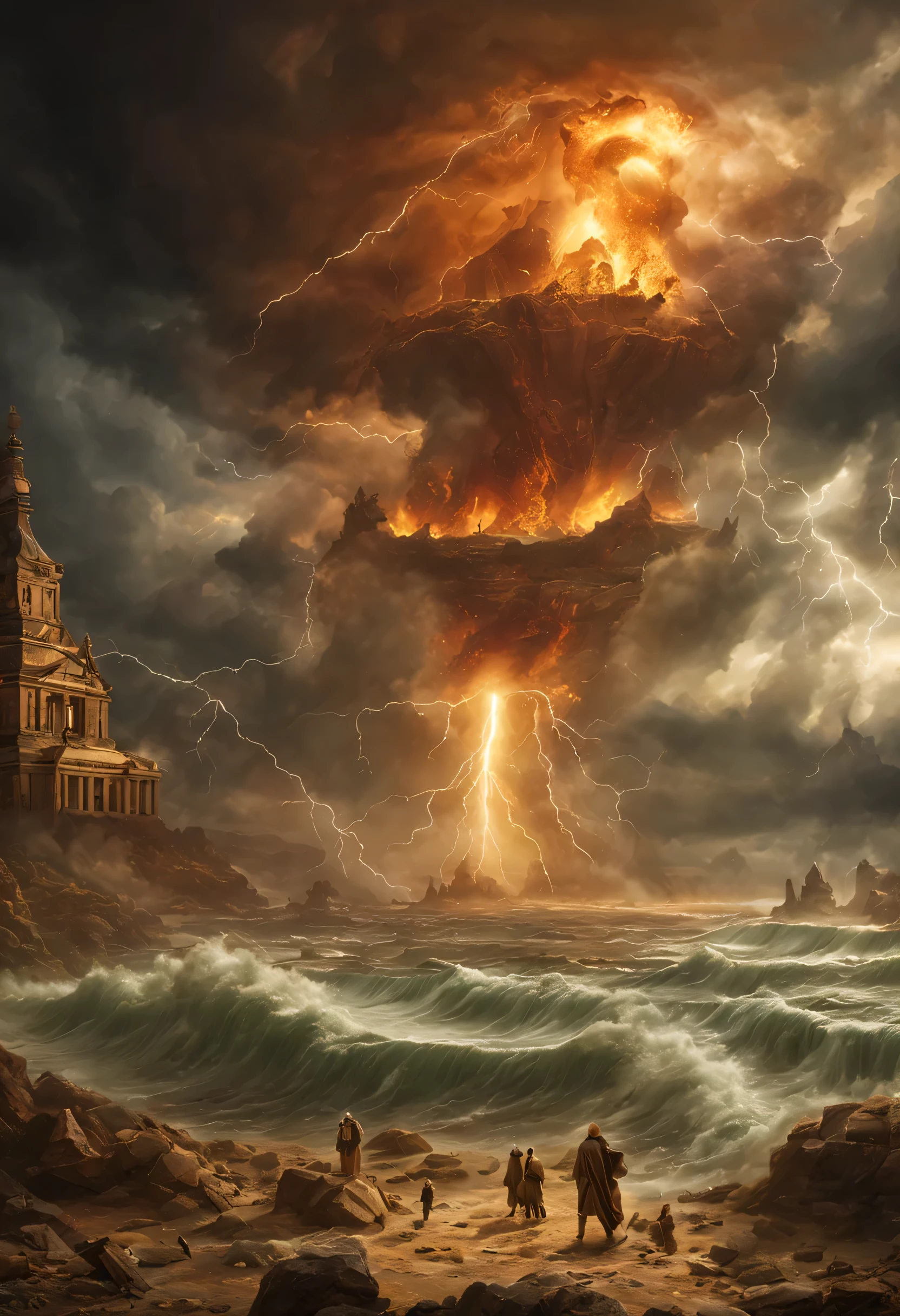 ancient end times, apocalyptic catastrophy, great flood, destruction, strong natural phenomena, the greatest storm, scary weather, ancient civilization wipeout, extinction, lost technologies, advanced technology, understanding of frequencies and energy, alien gods guiding humans, escape, UHD, cinematic, wide angle view, high quality, dramatic lighting, by frank quitley, photo realistic, extremely detailed, masterpiece