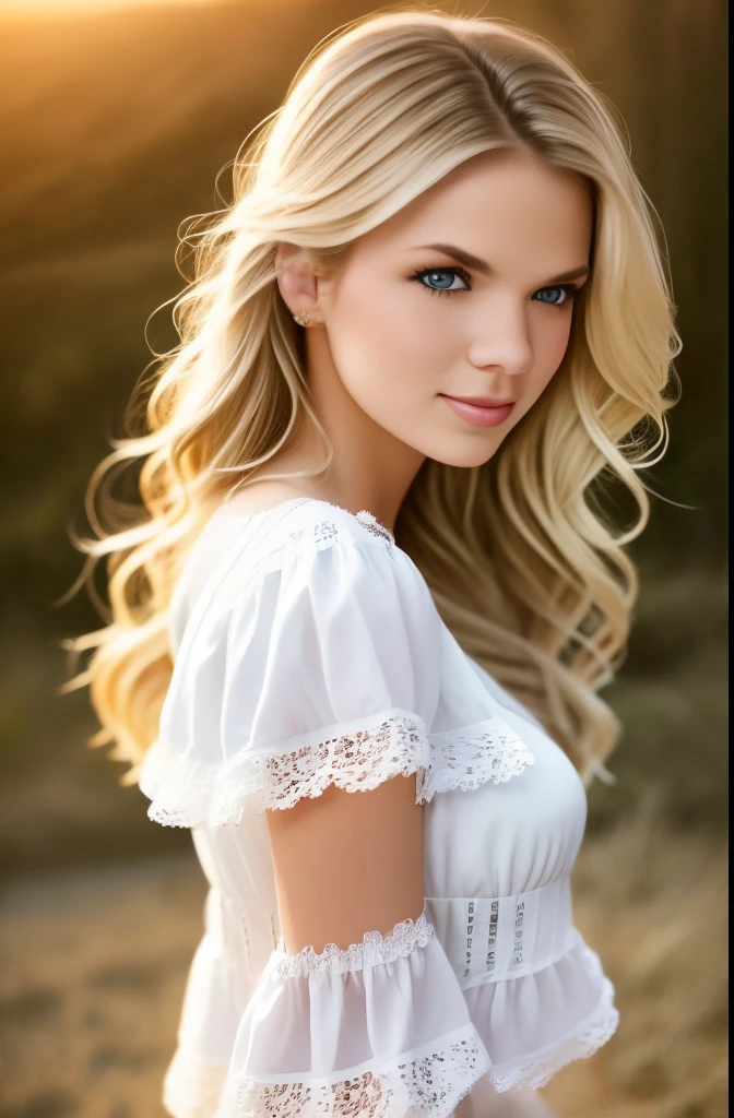 1girl, very cute and beautiful blond 25yo woman, frilled white dress with detailed lace, hands lifting skirt, highly detailed beautiful face and eyes, cowboy shot, smile, best quality,masterpiece, intricate details, extremely detailed, highres, solo, cinematic lighting, dim light, dynamic angle, hair fluttering in the wind, 32k, ultra-detailed,