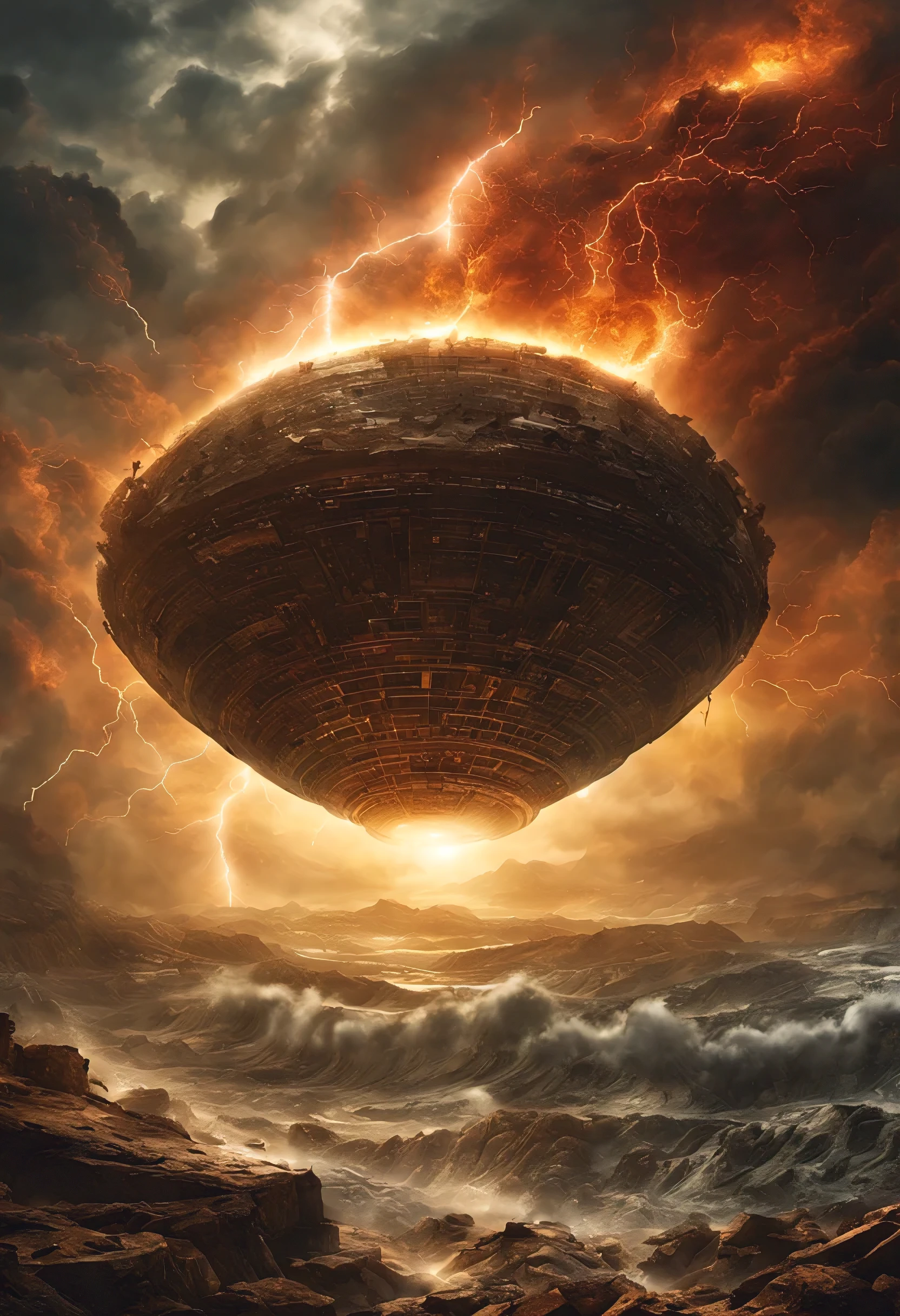 ancient end times, apocalyptic catastrophy, great flood, destruction, strong natural phenomena, the greatest storm, scary weather, ancient civilization wipeout, extinction, lost technologies, advanced technology, understanding of frequencies and energy, alien gods guiding humans, escape, UHD, cinematic, wide angle view, high quality, dramatic lighting, by frank quitley, photo realistic, extremely detailed, masterpiece