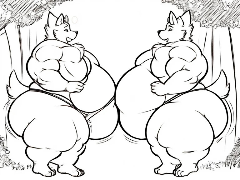 {Side view} a couple of furry two young girls in a forest having a contest of growing, {[girl 1: giant, canine, anthro, huge , strong arms, definited muscles, huge thighs, wide hips, big butt, chubby belly, muscle gut, standing, flexing]}, {[girl 2: kiyu canine, anthro, fat, fat , (morbity obesity:1.4) fat legs, fat belly, drinking lemonade by the pitcher, bigger than the couch, fat, fat belly, round belly, stuffed, standing, hands on belly]} looking each other, barefoot, shorts, underwear, a lot of size difference, size play, growing, same age, motion lines,
