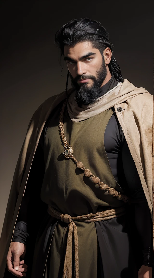 A black man of 50 years old, with a strong and happy expression, strong full eyebrows, specific yellow eyes, long shoulder-length black hair, well groomed beard. He use medieval clothes 16k, best quality of image. He is in a Background desert